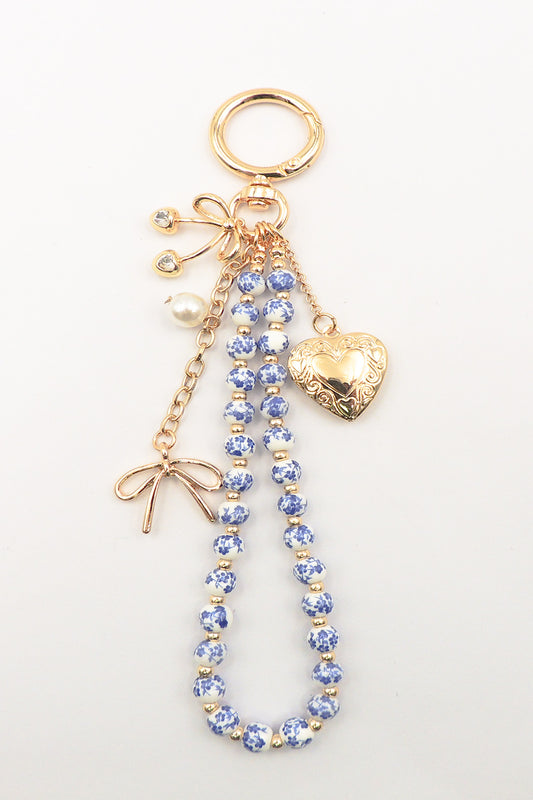 Purse Charm- Bow, Heart, Cherrys with Blue and White Ceramic Beaded Chain. Very Popular