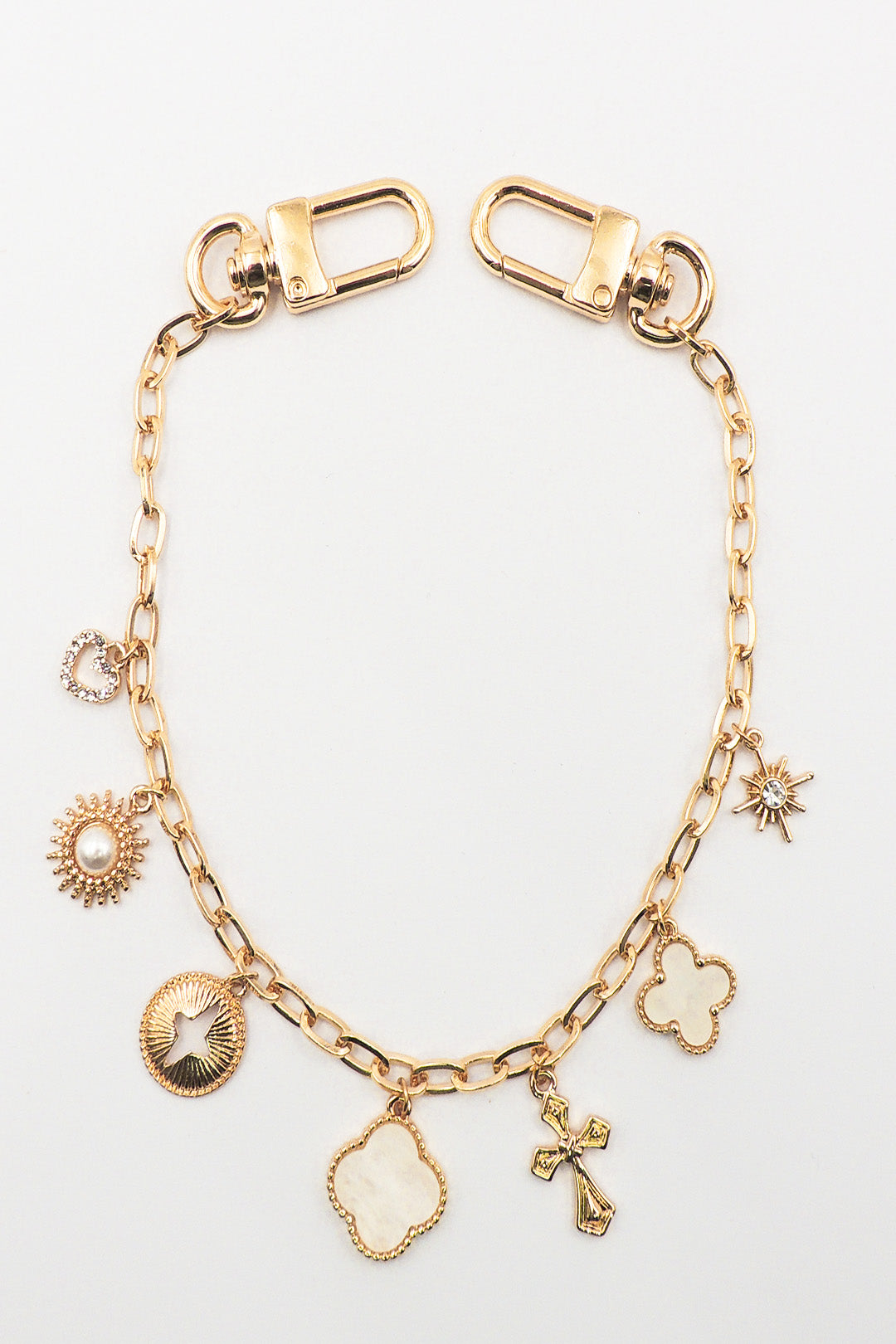 Gold Purse Chain with Pearlized Clover, Cross, Heart Charms