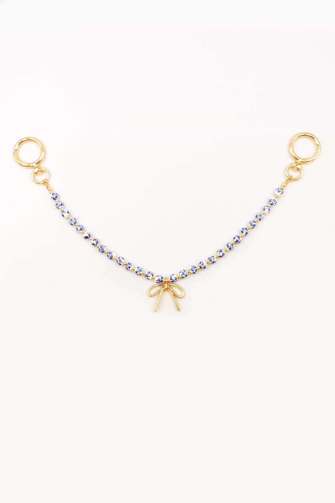 Gold Purse Chain with Blue and White Ceramic Beads and Gold Bow
