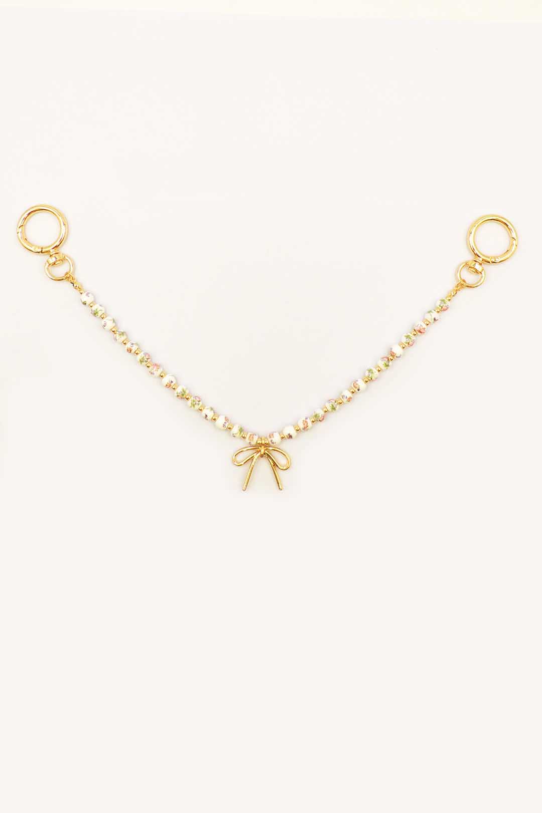 Gold Purse Chain with Pink and White Ceramic Beads and Gold Bow