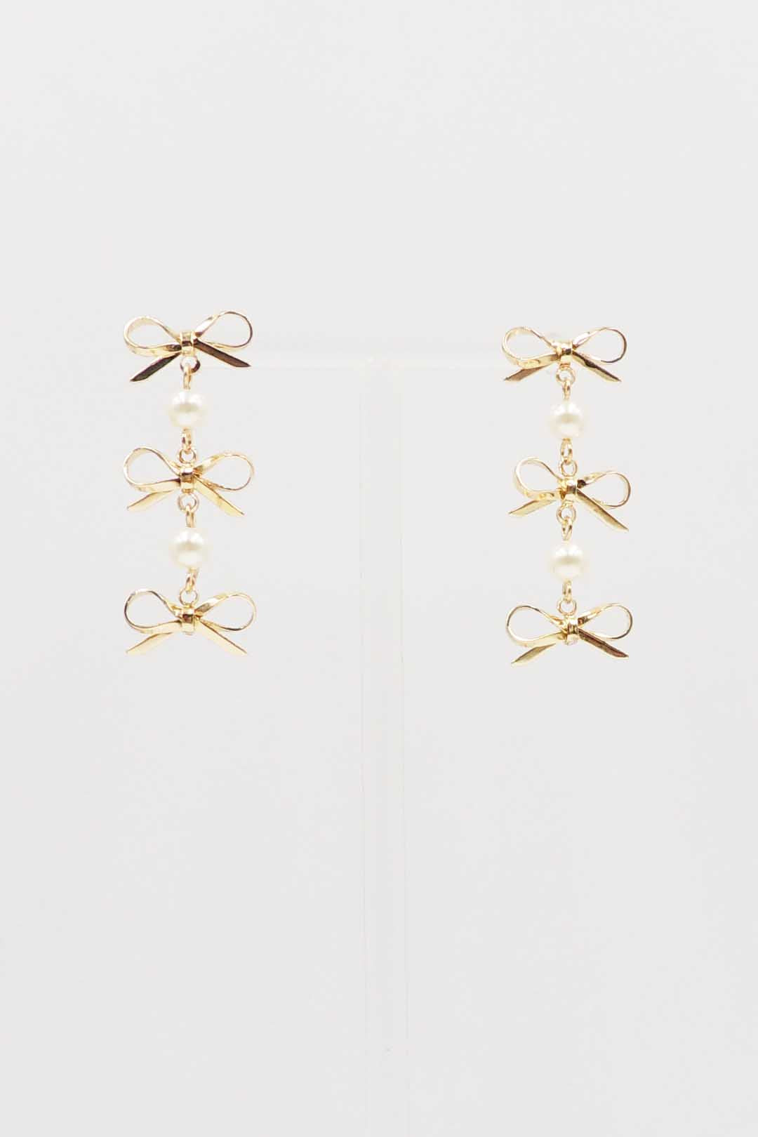 Gold Triple Drop Stud Bow 2" Earring