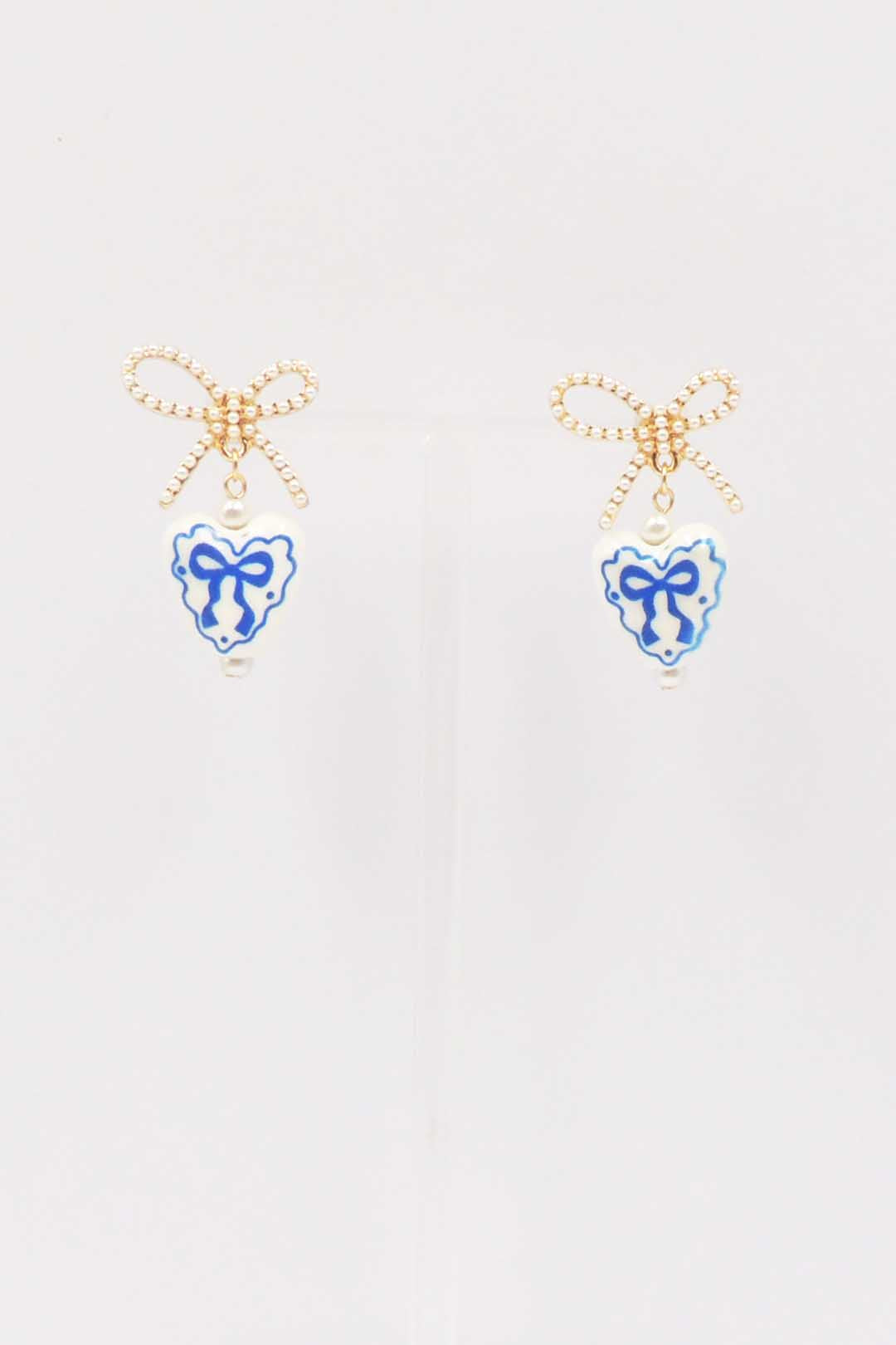 Gold Open Bow Stud with Blue and White Ceramic Heart Drop .75" Earring