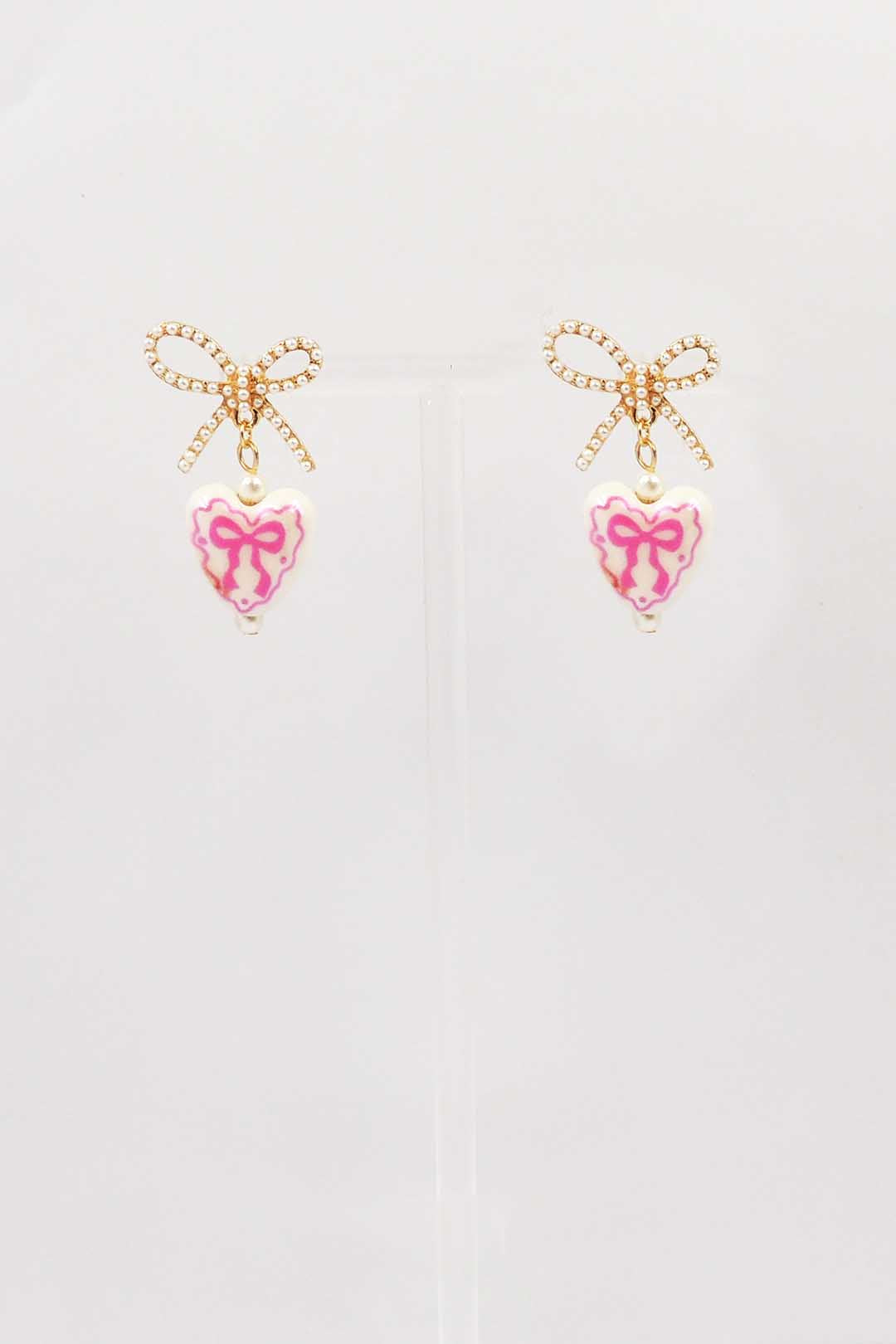 Gold Open Bow Stud with Pink and White Ceramic Heart Drop .75" Earring