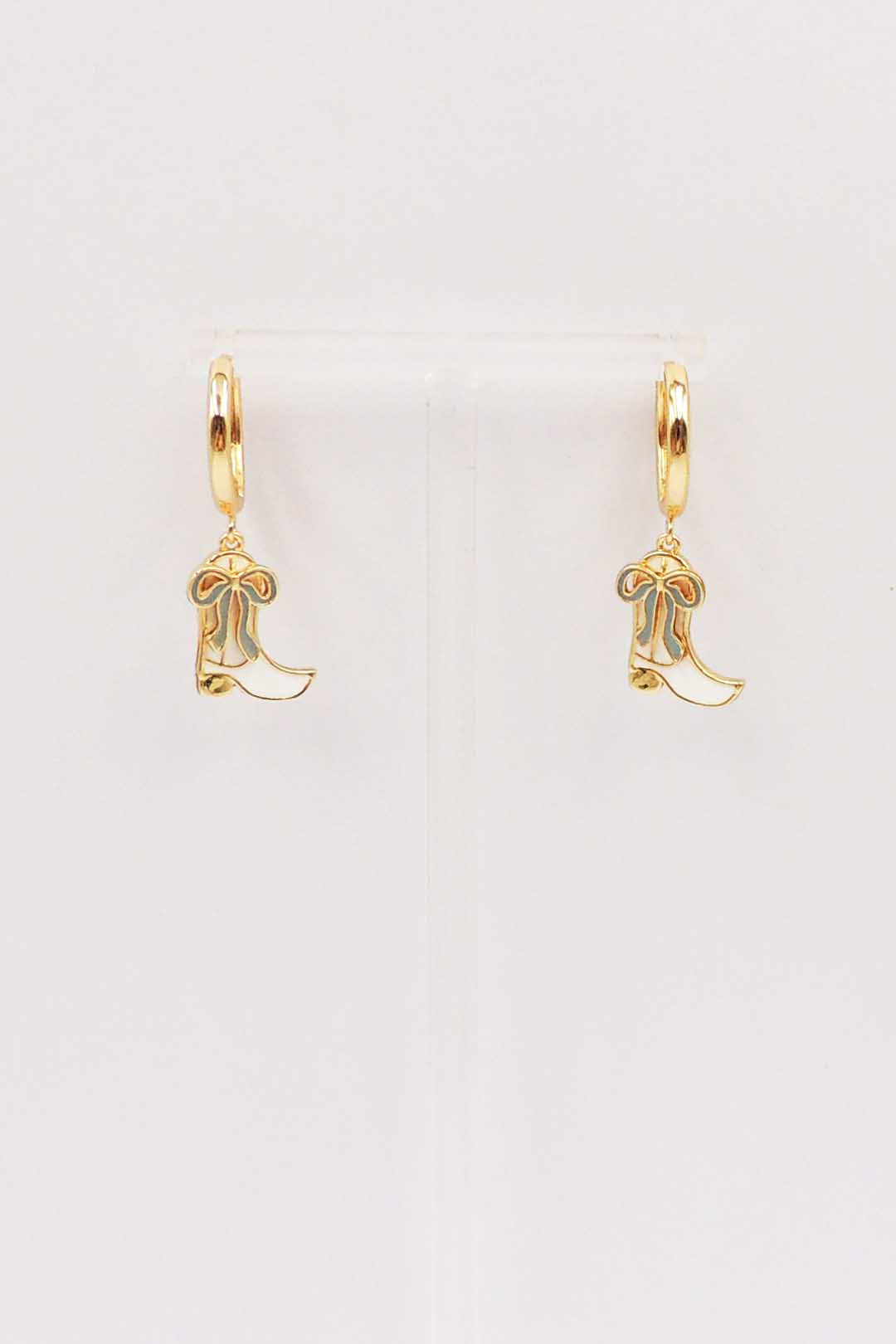 Gold Hoop with Light Blue Bow and White Cowboy Boot Drop .75" Earring