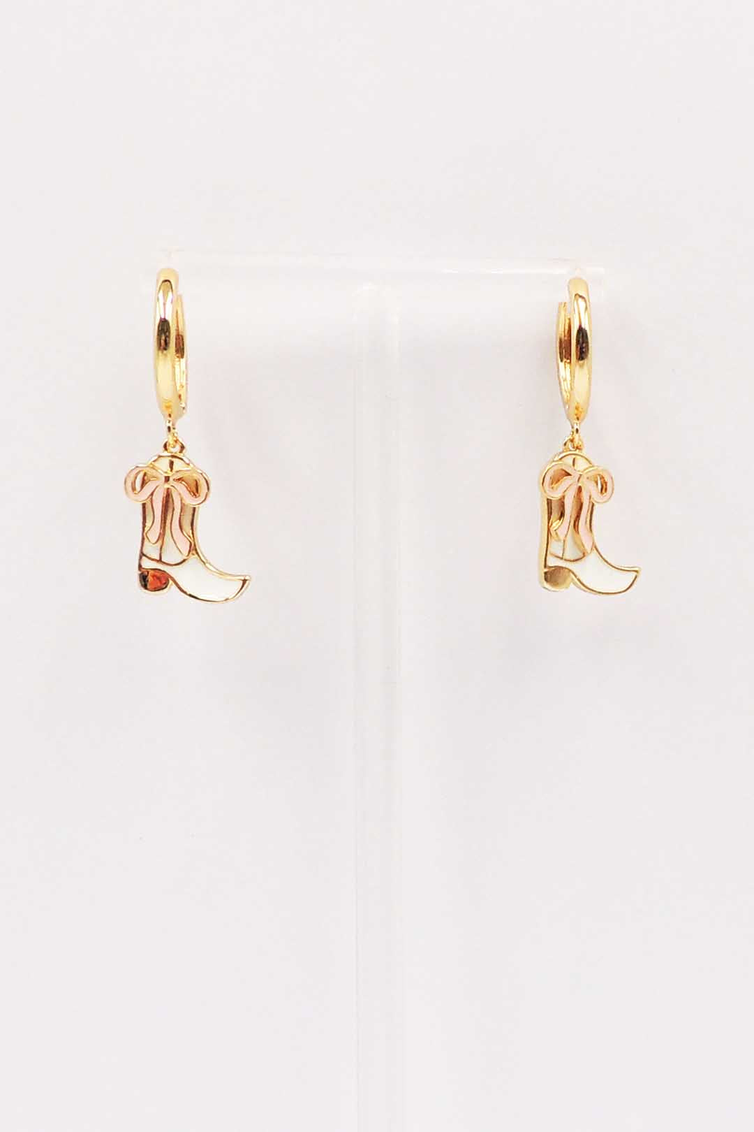Gold Hoop with Light Pink Bow and White Cowboy Boot Drop .75" Earring