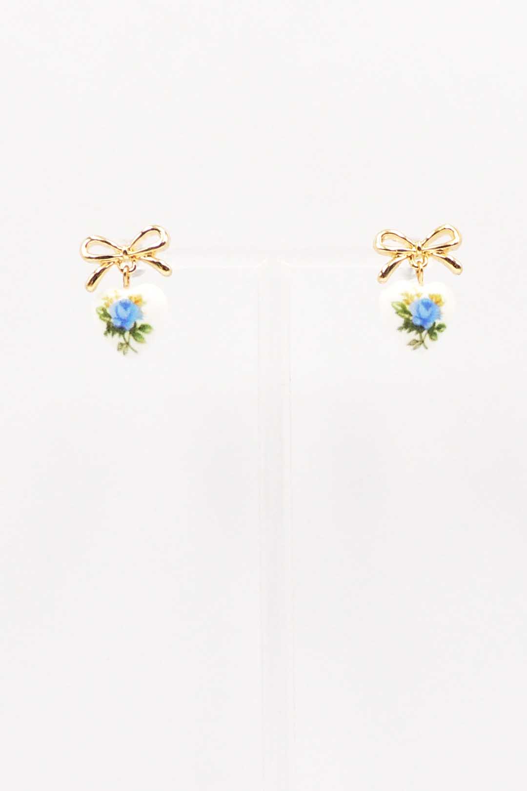 Small Gold Bow with Blue Vintage Rose Print Ceramic .5" Earring