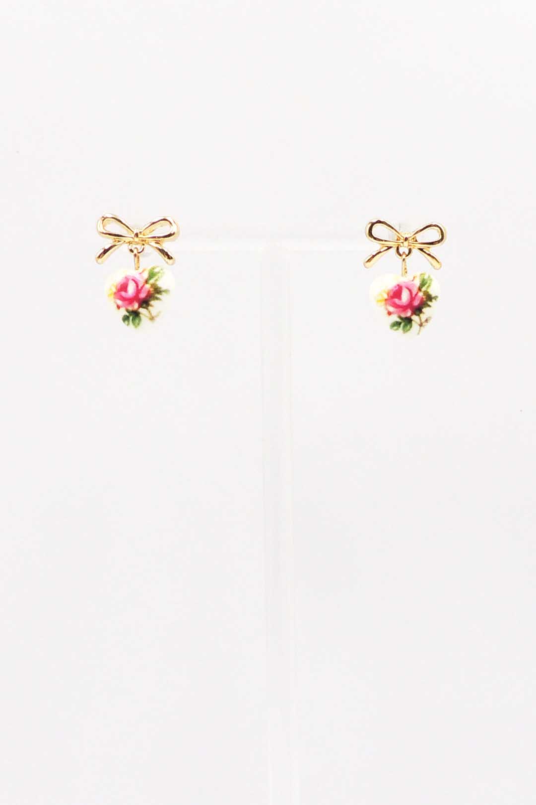 Small Gold Bow with Pink Vintage Rose Print Ceramic .5" Earring