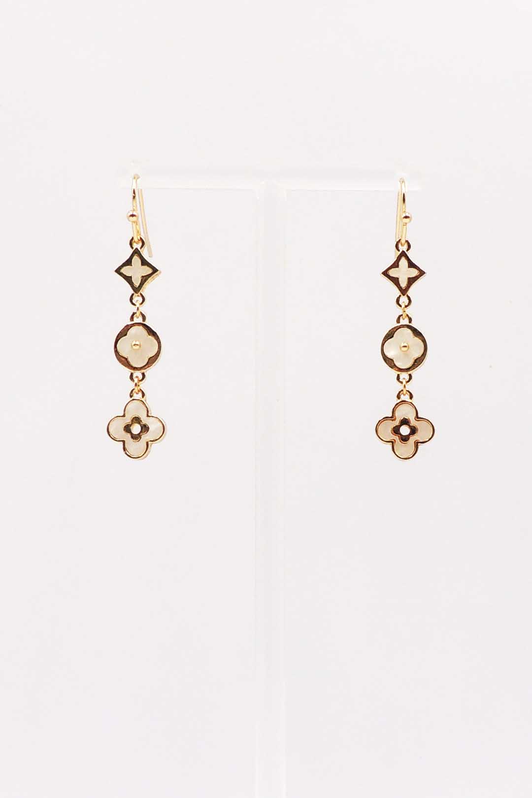 Gold with White Enamel Clover Drop 1.5" Earring