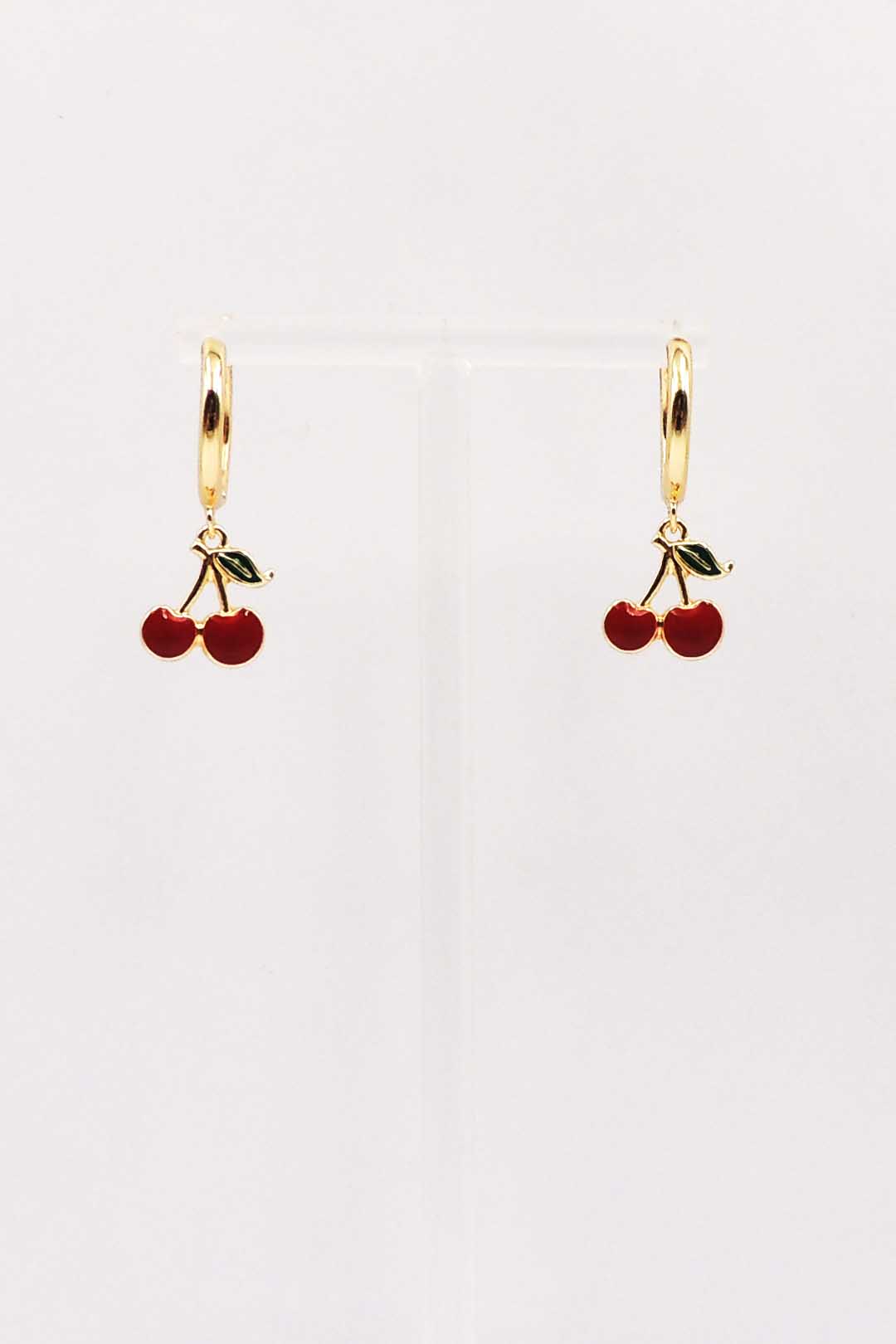 Gold Huggie Hoop with Red Cherry Drop .5" Hoop