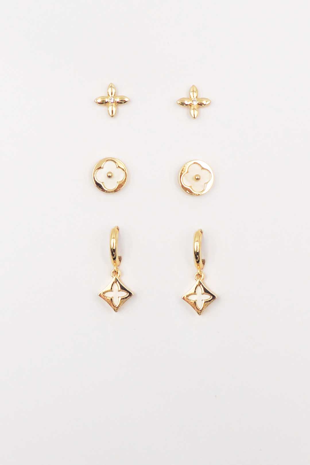 Set of 3 Clover Studs and Gold Huggie Hoops Earrings