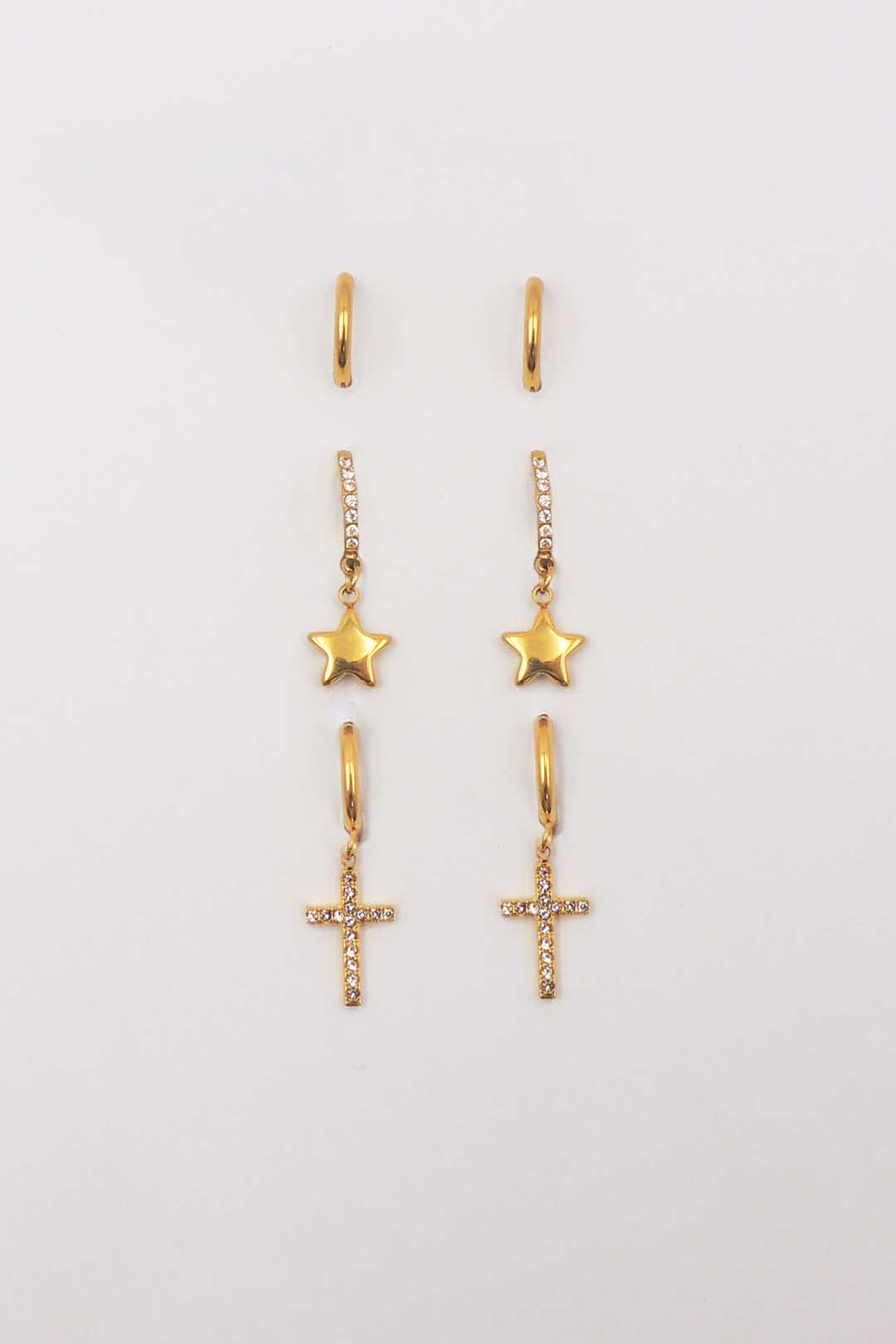 Stainless Steel Set of Three Thin Huggie Hoops with Stars and Crosses