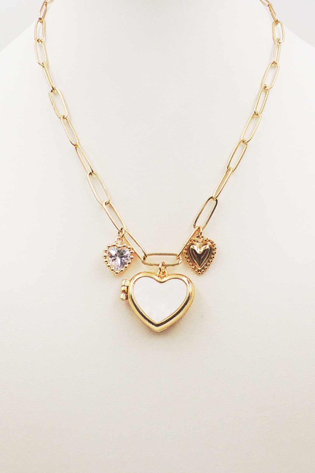 Multi Heart Charm with Clear Stone Necklace 16"-18"