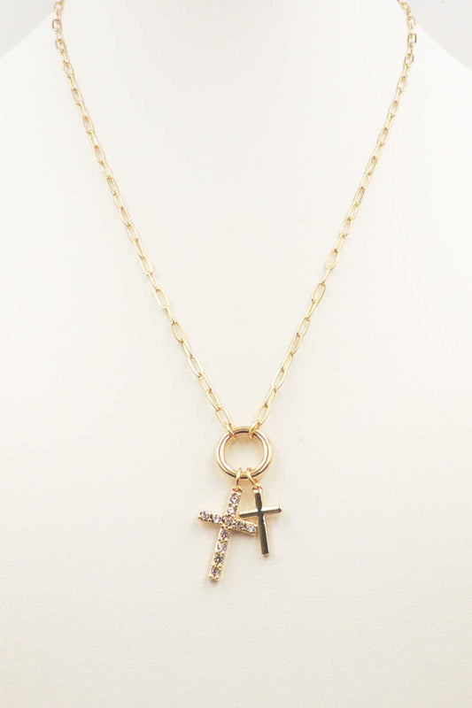 Gold Thin Double Cross 16"-18" Charm Necklace