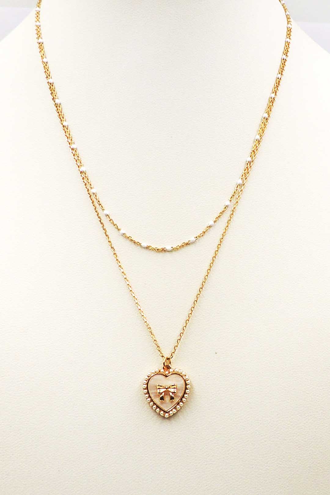 Gold Layered Chain with Cream Enamel Heart and Bow 16"-18" Necklace