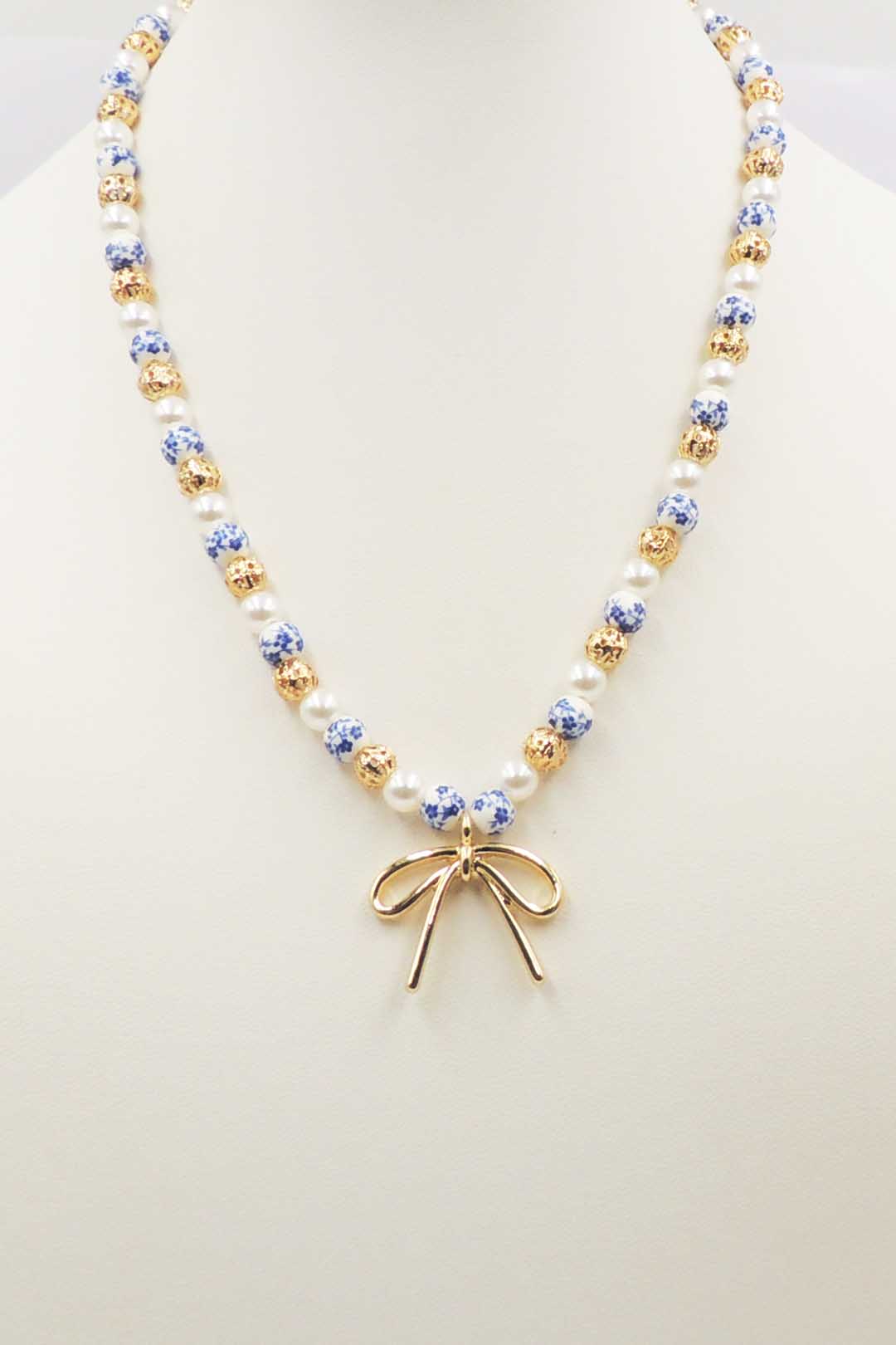 Blue and White with Gold Beaded 16"-18" Necklace wiht Gold Bow Charm