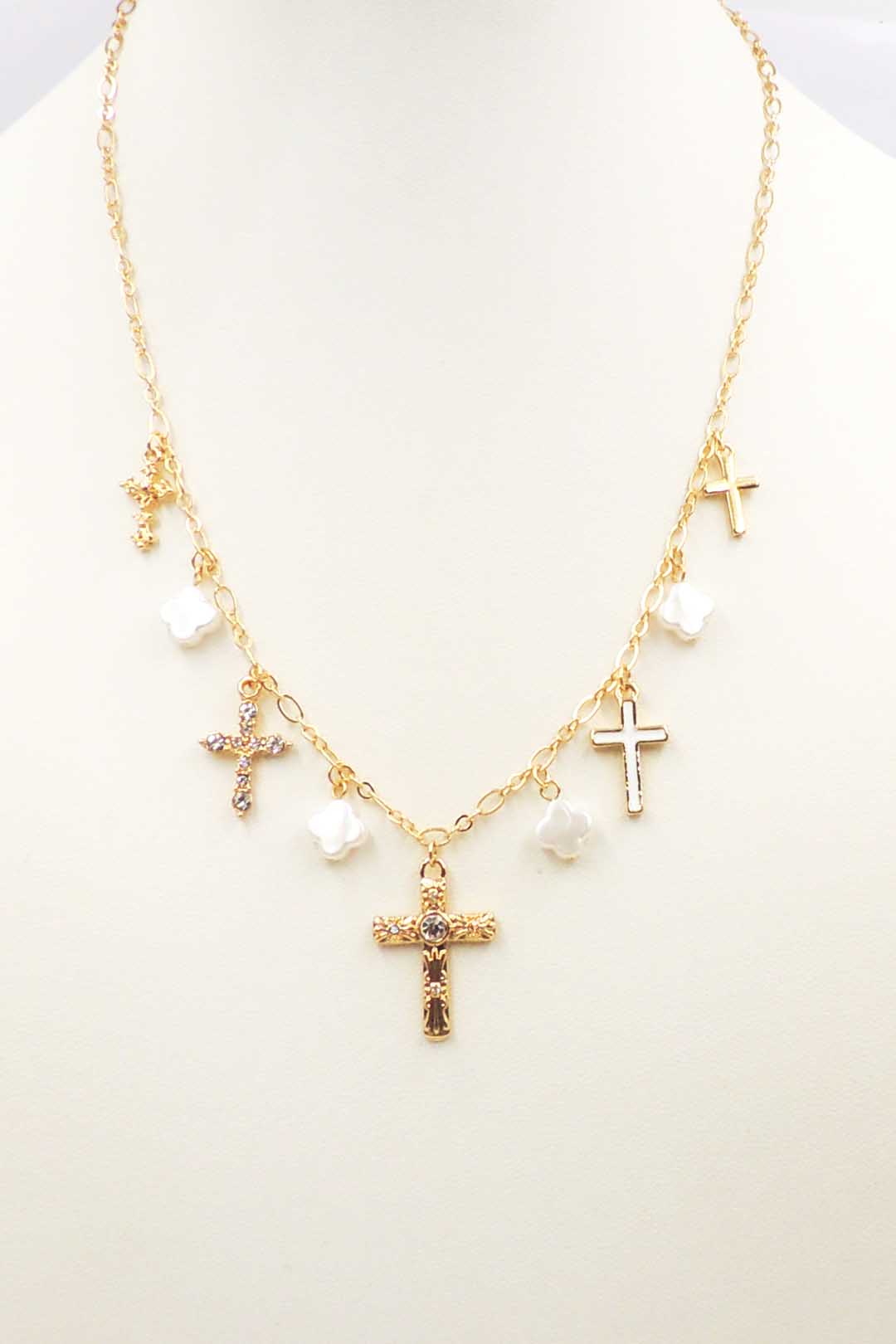 Gold Cross and Pearl Charms on 16"-18" Necklace