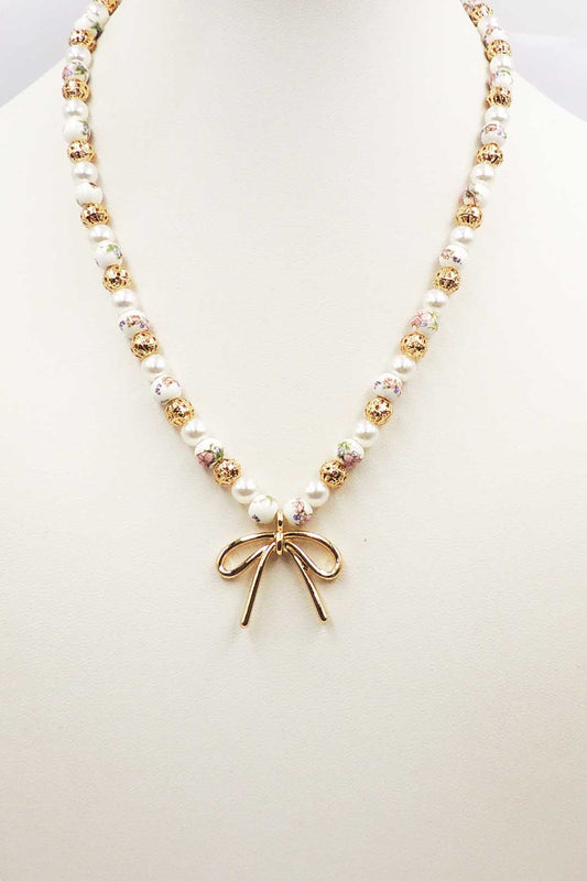 Pink and White with Gold Beaded 16"-18" Necklace with Gold Bow Charm
