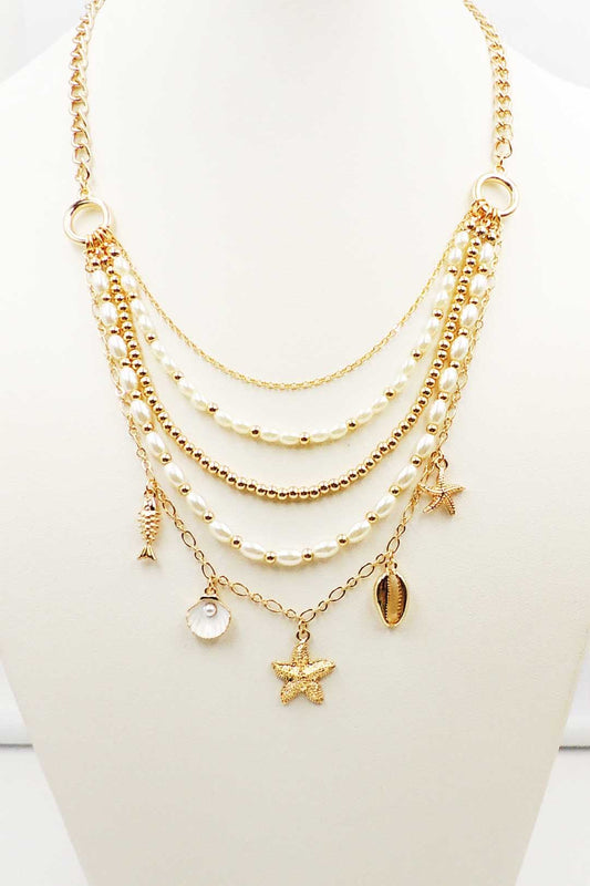 Gold Multi Chain Pearl and Sea Life Layered  16"-18"  Necklace