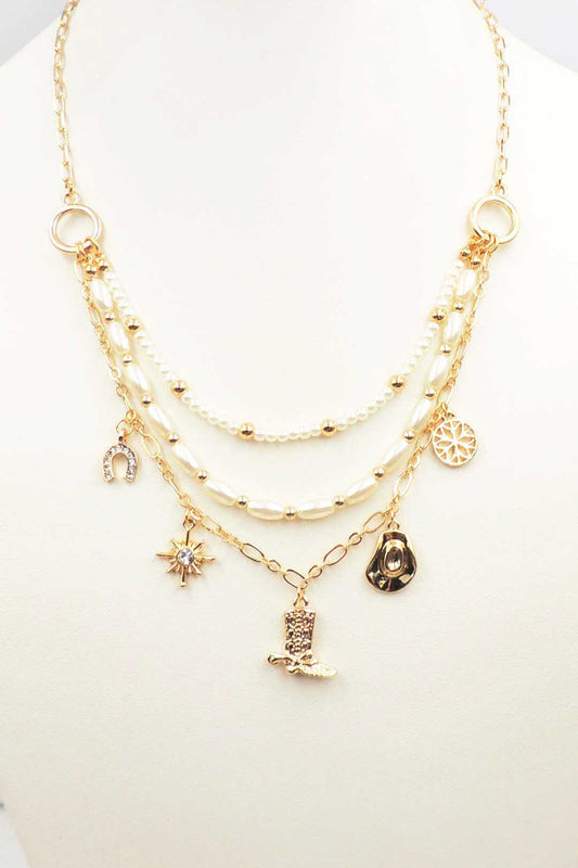 Multi Layered Pearl and Gold Western Charm 16"-18" Necklace