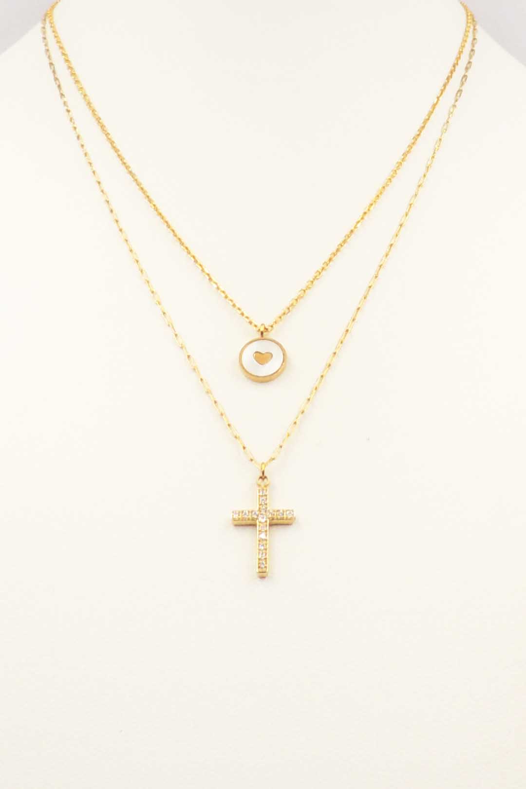 Stainless Steel Layered Cross Pendant 16"-18" Necklace