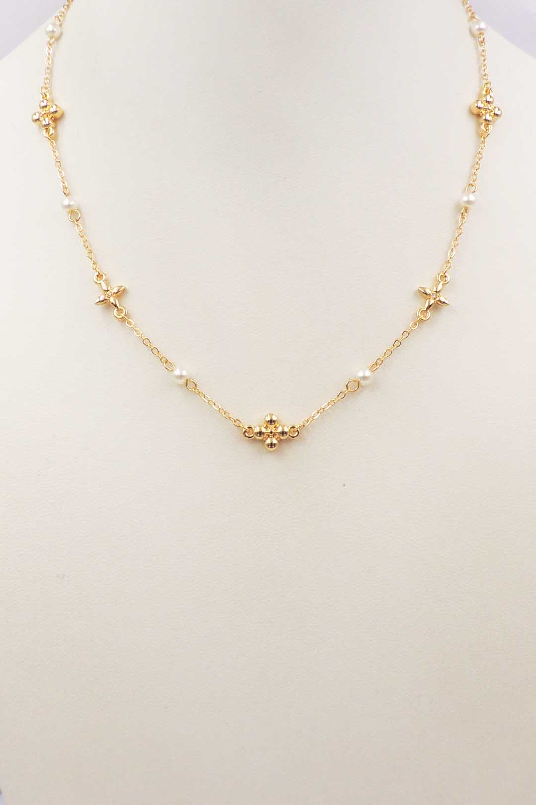Gold Beaded Clover with Pearls 16"-18" Necklace