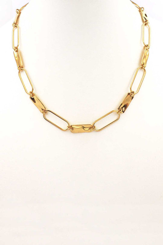 Stainless Steel Gold Open Oval and Hammered Textured 16"-18" Necklace