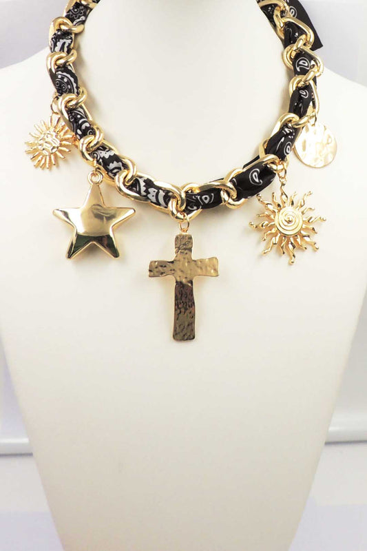 Black Scarf with Gold Interlocking and Heart, Star, and Cross Charm Necklace