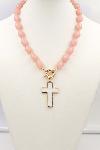 Pink Acrylic Beaded 18" Toggle Necklace with Gold Cross Charm
