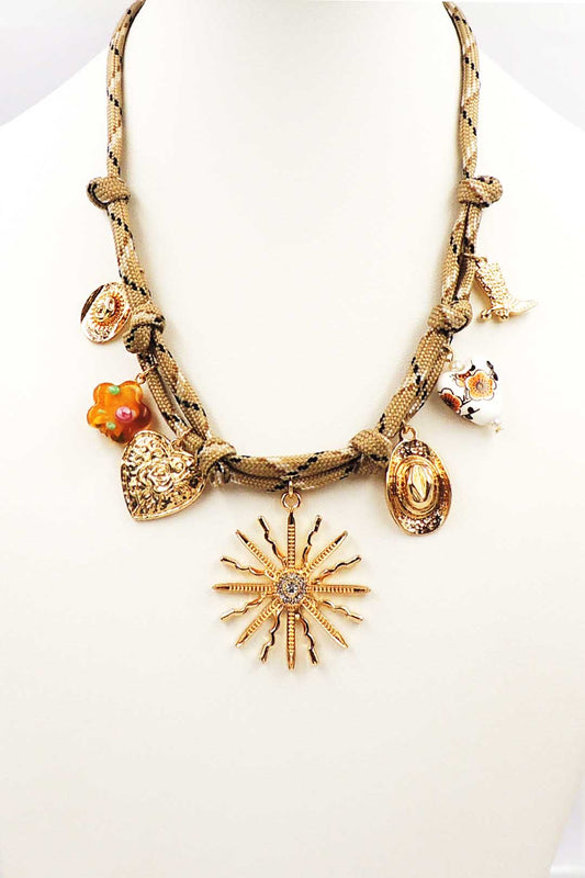 Brown Scarf with Multi Charms Necklace