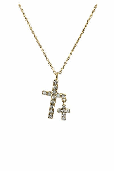 Rhinestone Gold Double Cross on Gold Chain 16"-18" Necklace