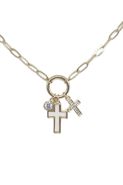 Gold Rhinestone and Pearlized Cross 16"-18" Necklace