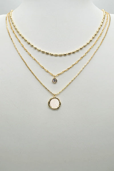Gold Triple Layered with Rhinestone and Coin 16"-18" Necklace