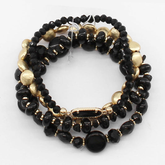 Black Natural Stone and Crystal with Gold Set of 4 Stretch Bracelets