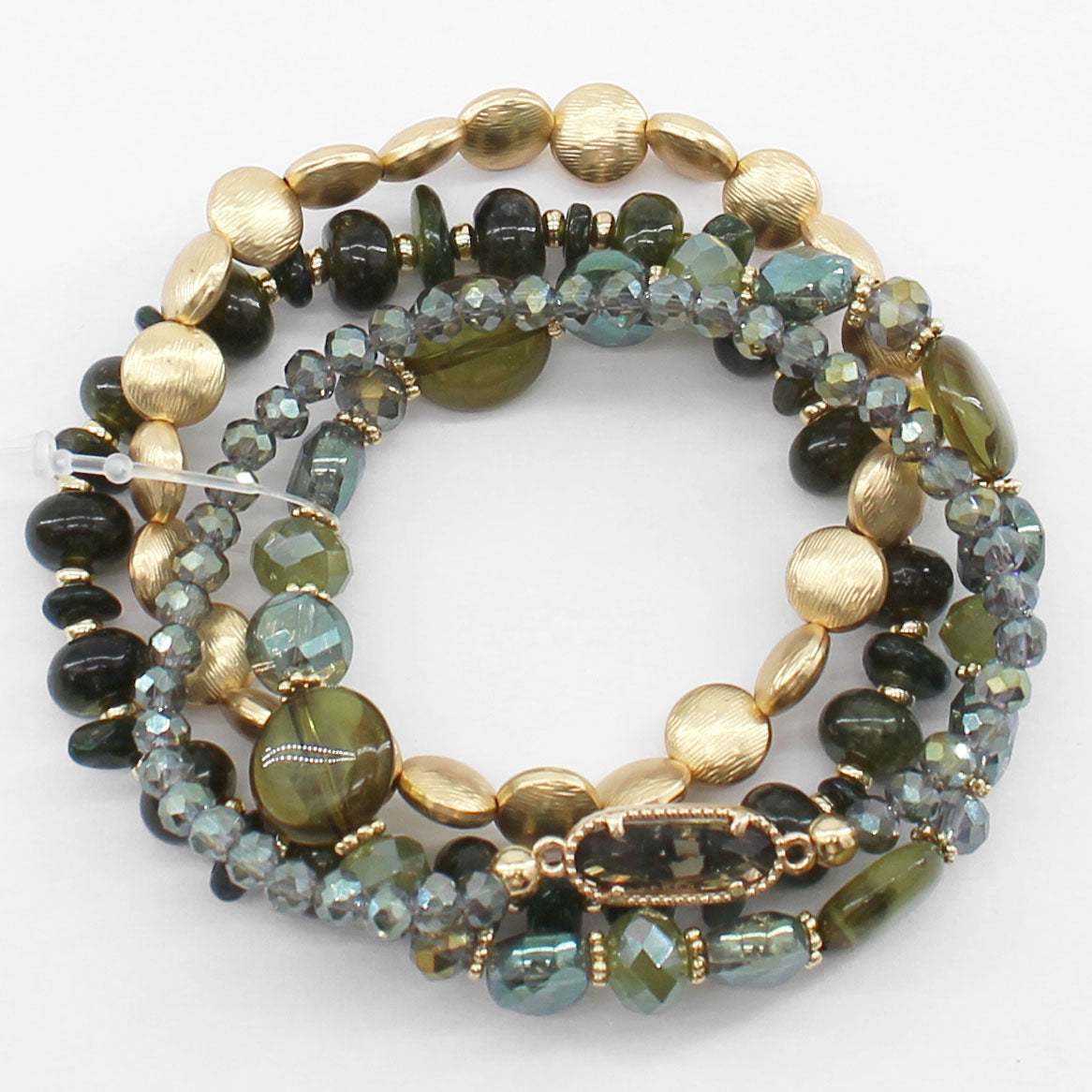 Green Natural Stone and Crystal with Gold Set of 4 Stretch Bracelets