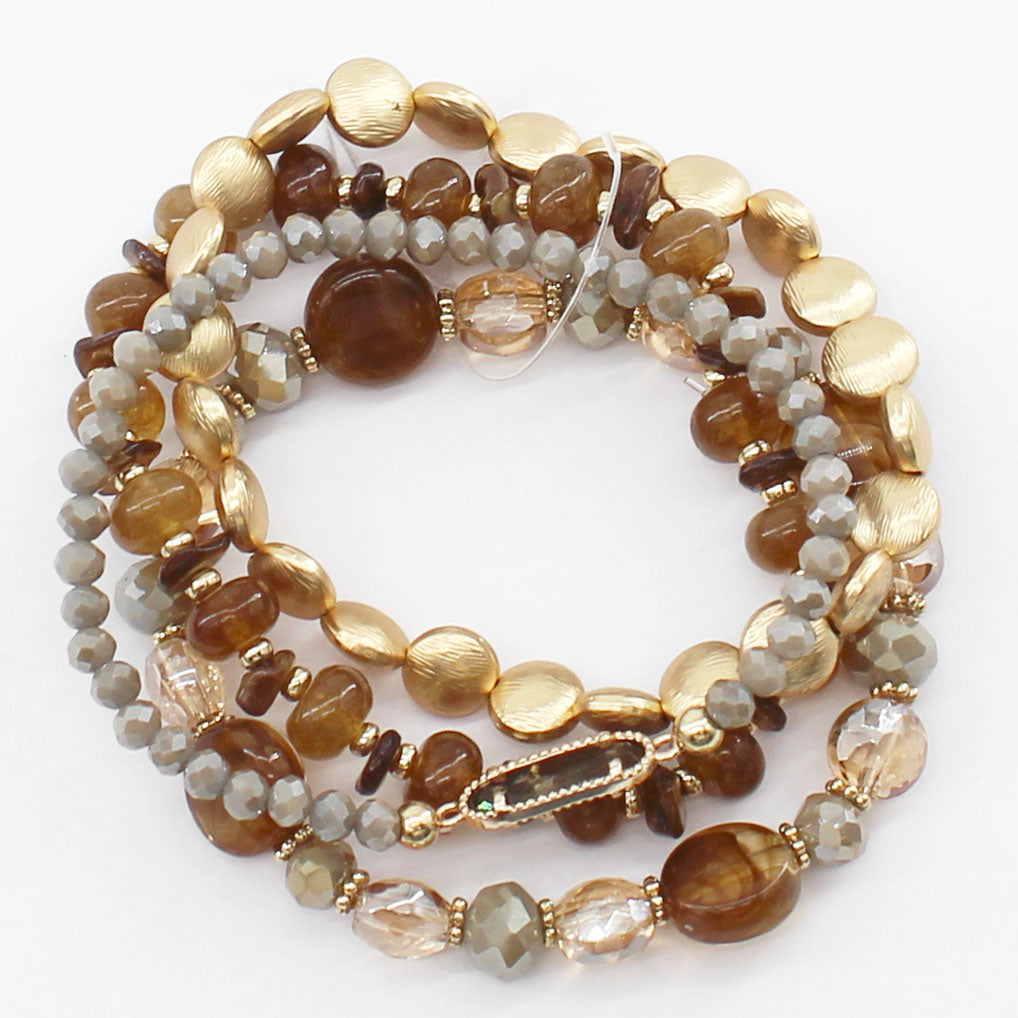 Brown Natural Stone and Crystal with Gold Set of 4 Stretch Bracelets
