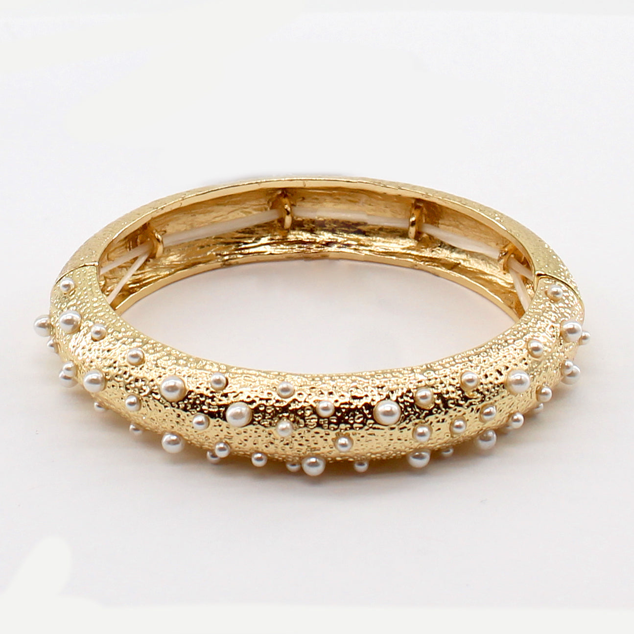 Textured Gold Stretch Bracelet with Small Pearl Accents