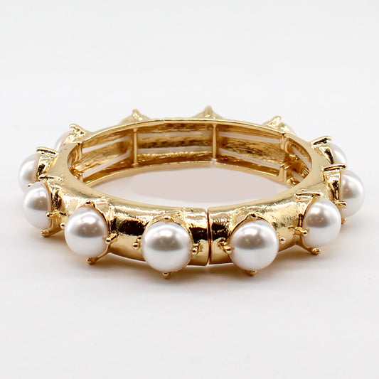 Hammered Gold Bracelet with Pearl Beaded Accents Stretch Bracelet