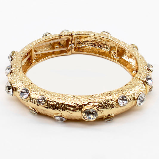 Textured Gold Stretch Bracelet with Clear Rhinestone Accents