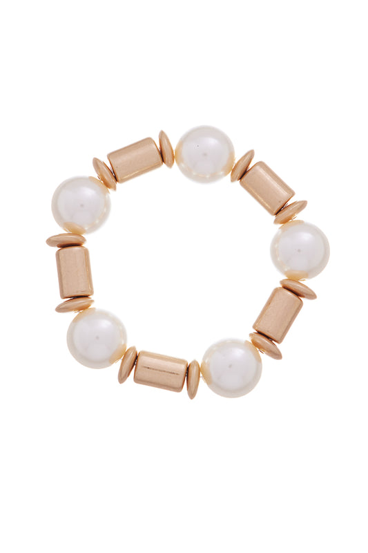 Gold Cylinder and Pearl Beaded Stretch Bracelet