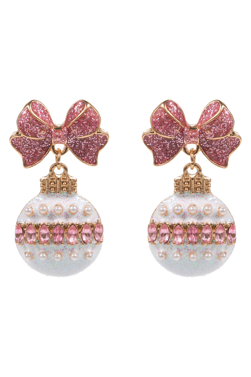 Pink and White Rhinestone Bow and Ornament Christmas 1.5" Earring