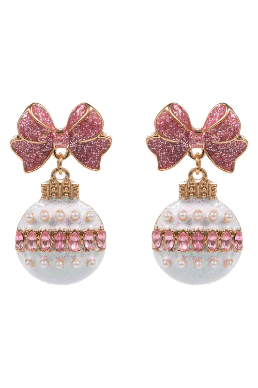 Pink and White Rhinestone Bow and Ornament Christmas 1.5" Earring