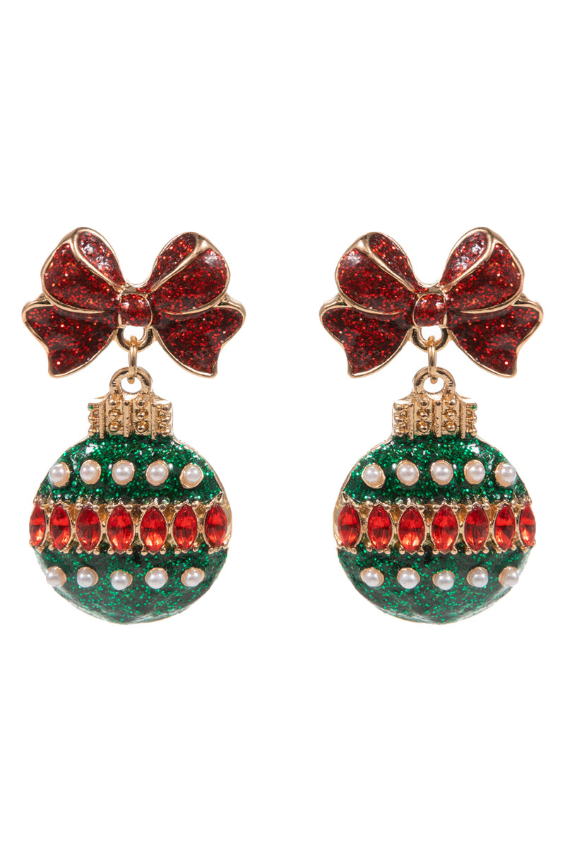 Red and Green Rhinestone Bow and Ornament Christmas 1.5" Earring