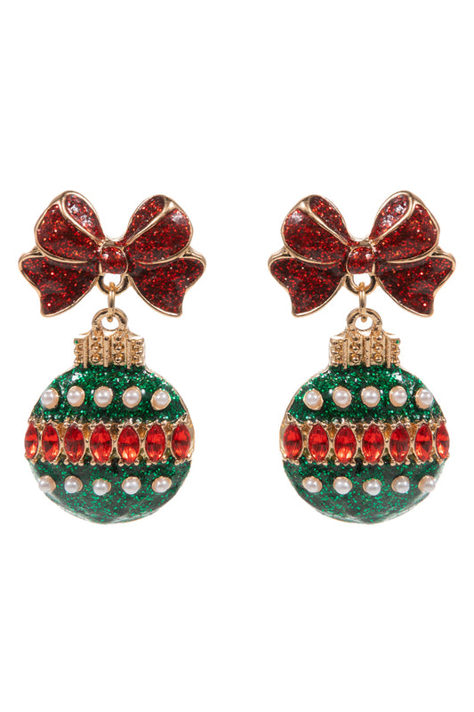 Red and Green Rhinestone Bow and Ornament Christmas 1.5" Earring