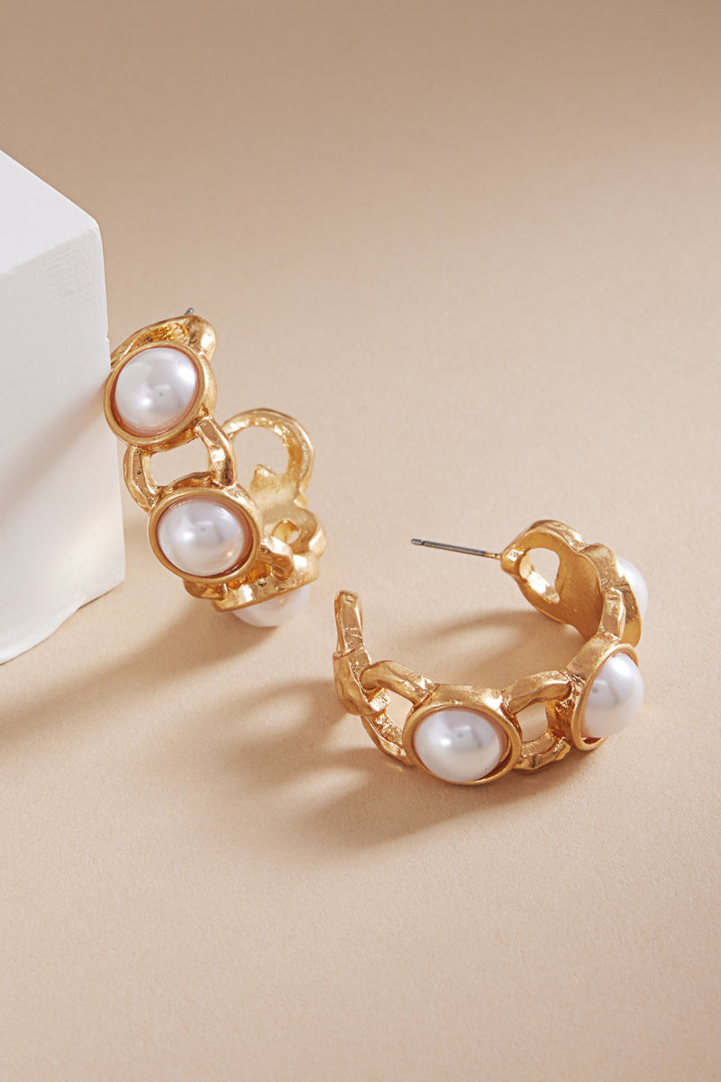 Gold Hammered 1.5" Hoop Earring with Pearl Accents