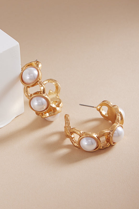 Gold Hammered 1.5" Hoop Earring with Pearl Accents