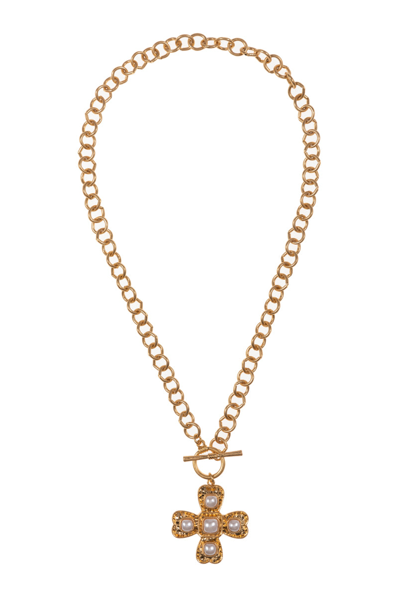 Gold Chain with Gold Cross and Pearl 18" Necklace