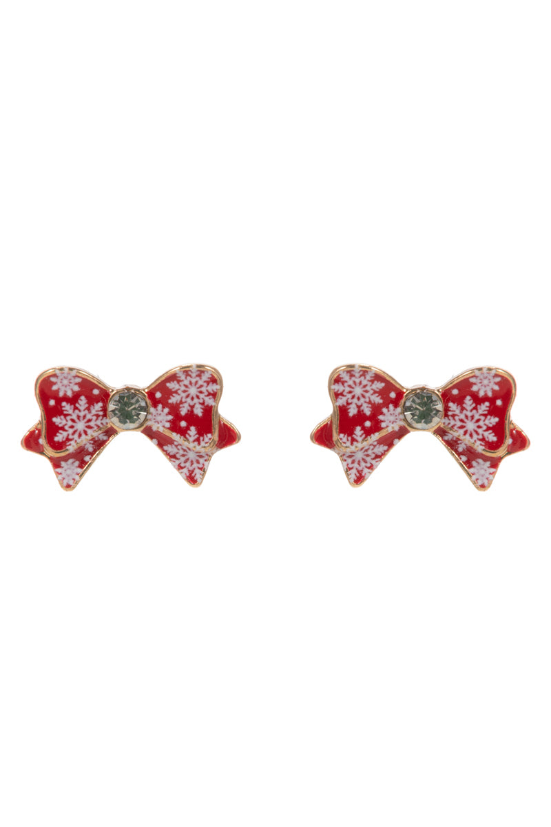 Red and White Snowflake Bow Stud .5" Earring