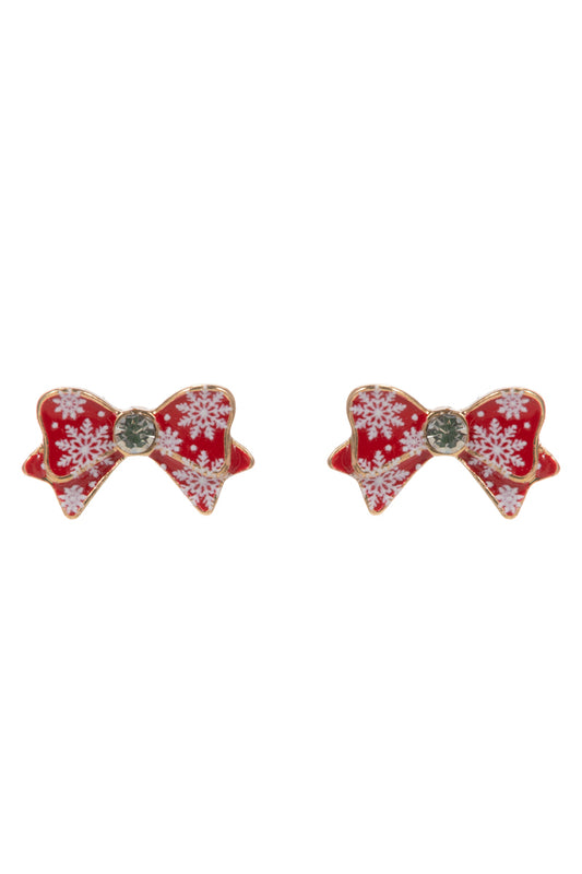 Red and White Snowflake Bow Stud .5" Earring