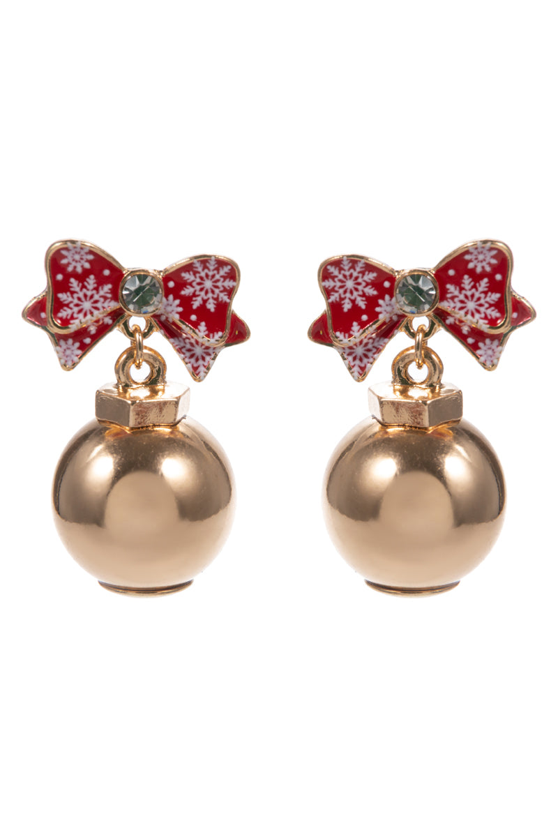 Red Christmas Bow with Gold Ornament 1.25" Earring