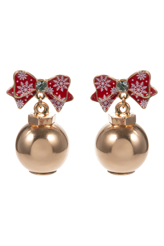 Red Christmas Bow with Gold Ornament 1.25" Earring